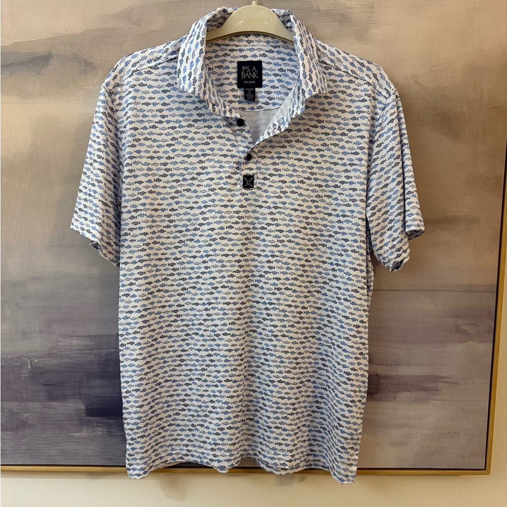 Jos. A. Bank Traveler Polo Blue and White Saltwater Fish Patterned Golf Shirt